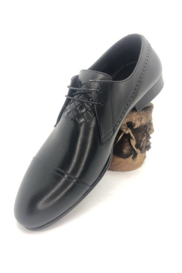 Erkek Siyah Hakiki Deri Önü Dikişli Bağcıklı Klasik Ayakkabı VYS-BRC-61352-SİYAH
